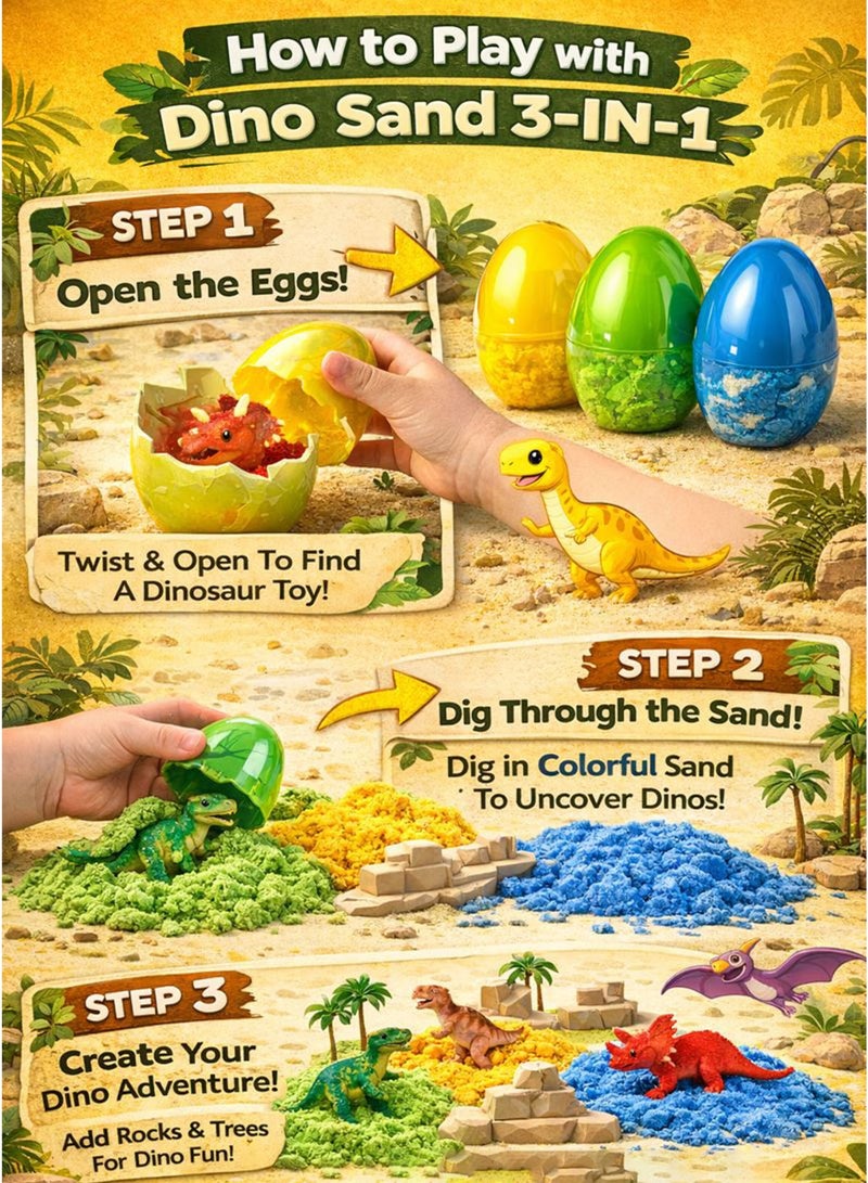 GreaTeam 3-in-1 Dino Sand Game Moving Sand Magic Kinetic Play Sand Sensory Toy Set for Kids Dinosaur Egg Pot Set x3 in Each Egg Pot Includes 1 Dinosaur Figure Inside Each Egg + 1 Decoration Card for Trees & Stones Soft Moldable Sand for Creative Play, Baby Fine Motor Skills & Hand-Eye Coordination Educational Learning Toy for Preschool & Kindergarten Indoor Activity, Screen-Free Playtime Gift for Boys & Girls Ages 3+ - Image 4